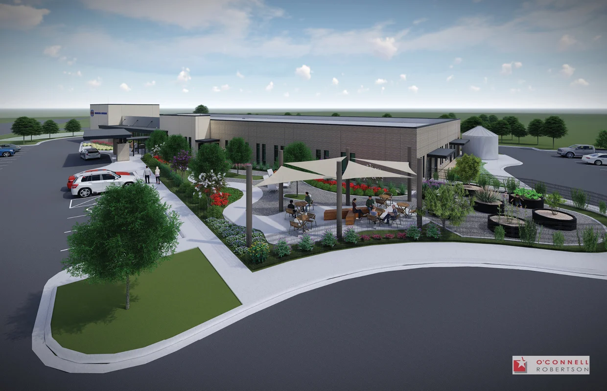 Central Health Del Valle Health and Wellness Center exterior drone view rendering - Austin, TX