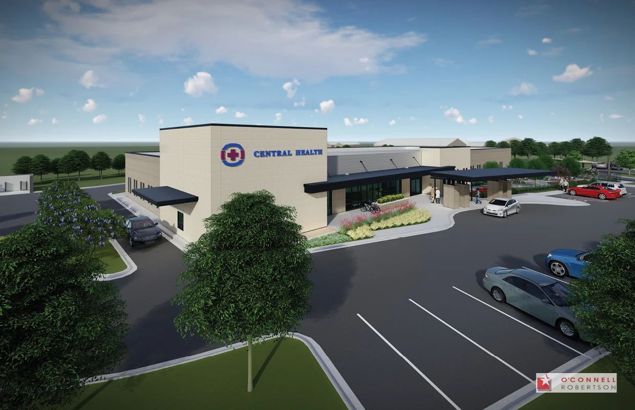 Central Health Del Valle Health and Wellness Center exterior street view rendering - Austin, TX